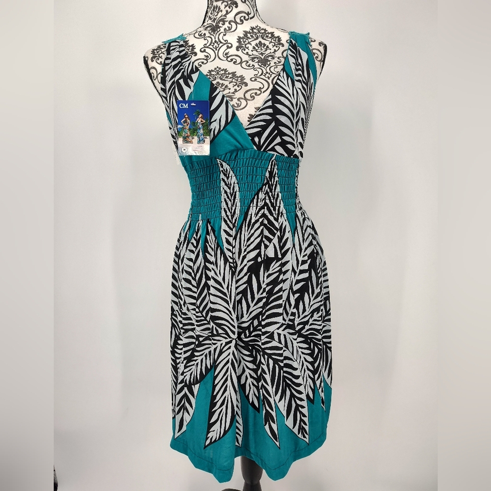 NWT Teal and Black Tropical Leaf Print Women's Midi Dress Size Medium